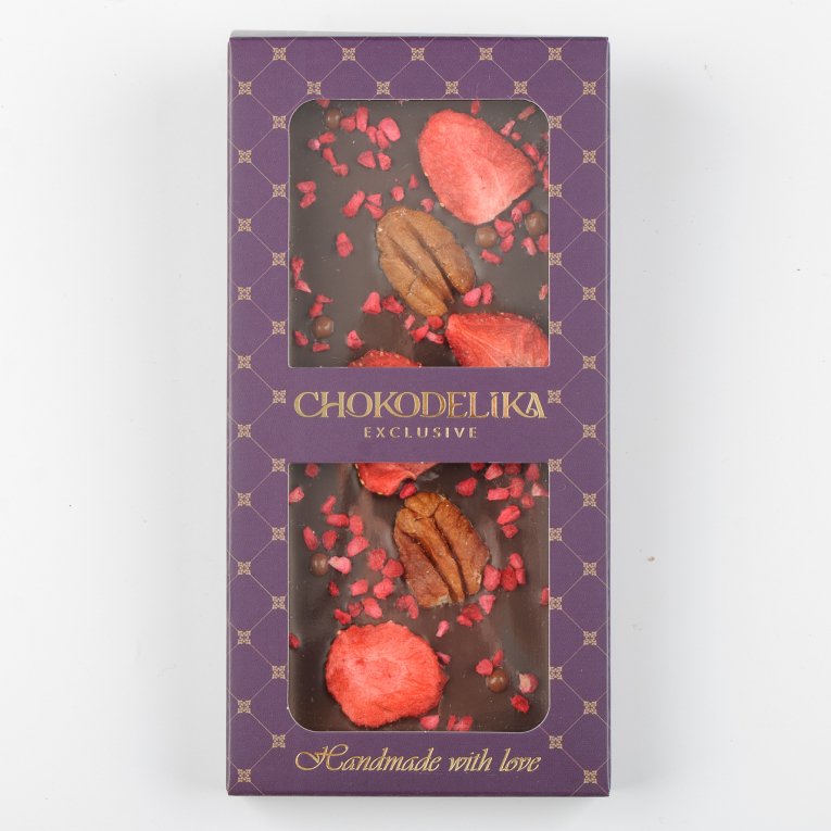Шоколад темный Клубника, пекан, малина с украшением (100г)