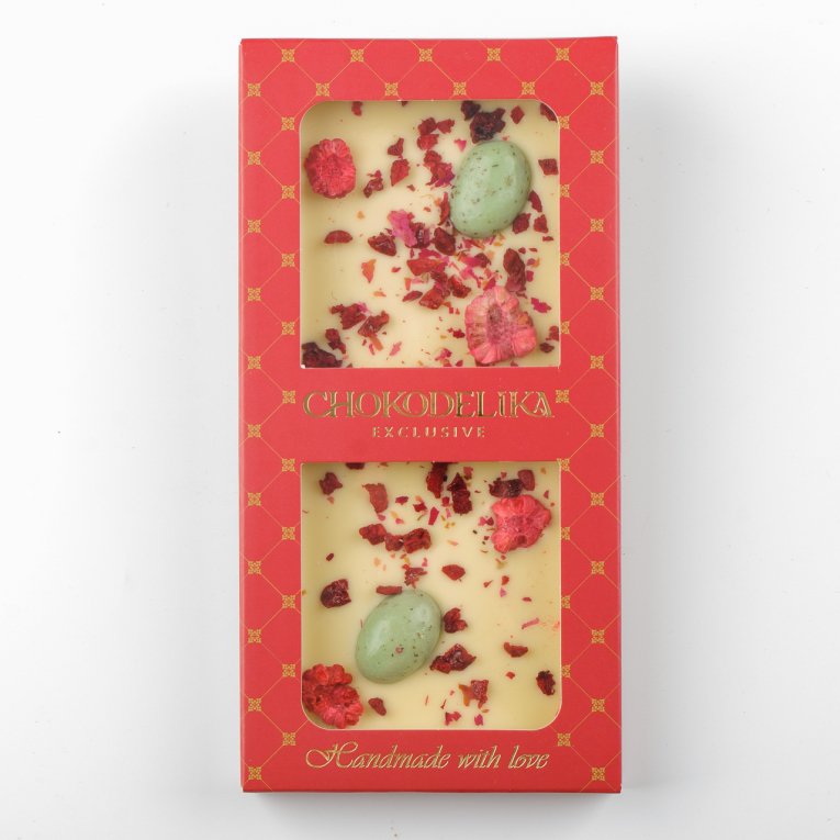 Шоколад белый Роза, малина, вишня с украшением (100г)
