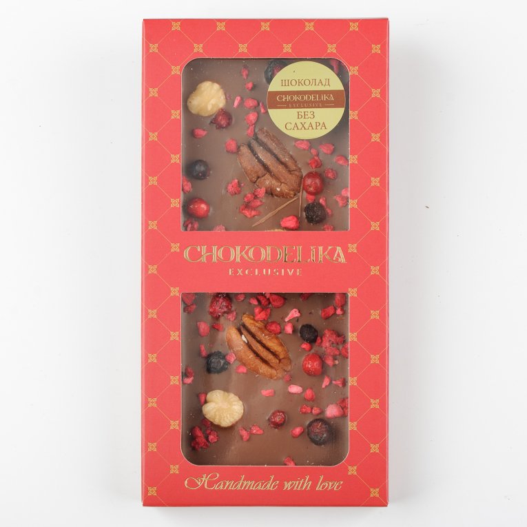 Шоколад молочный SUGAR FREE пекан, фундук, малина (80г)