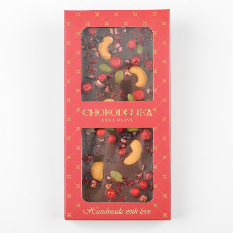 Шоколад темный Брусника, вишня, кешью с украшением (100г)