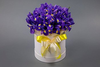 Букет из ирисов в шляпной коробке Ириска