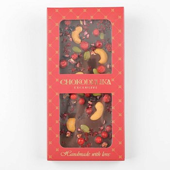 Шоколад темный Брусника, вишня, кешью с украшением (100г)