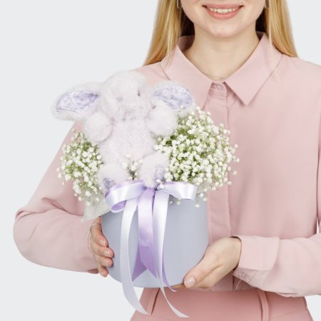 Букет в коробке с гипсофилами и игрушкой Мечта для тебя
