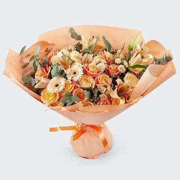 Букет с герберами и розами Персиковый каприз